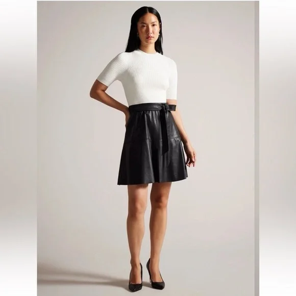 TED BAKER Oliyia Short Sleeve A Line Faux black Leather Mini Dress US Size 8 - Picture 3 of 12
